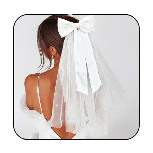 Accessories - Wedding Bow Veil for Women Bridal Bachelorette Party Hair Clip White